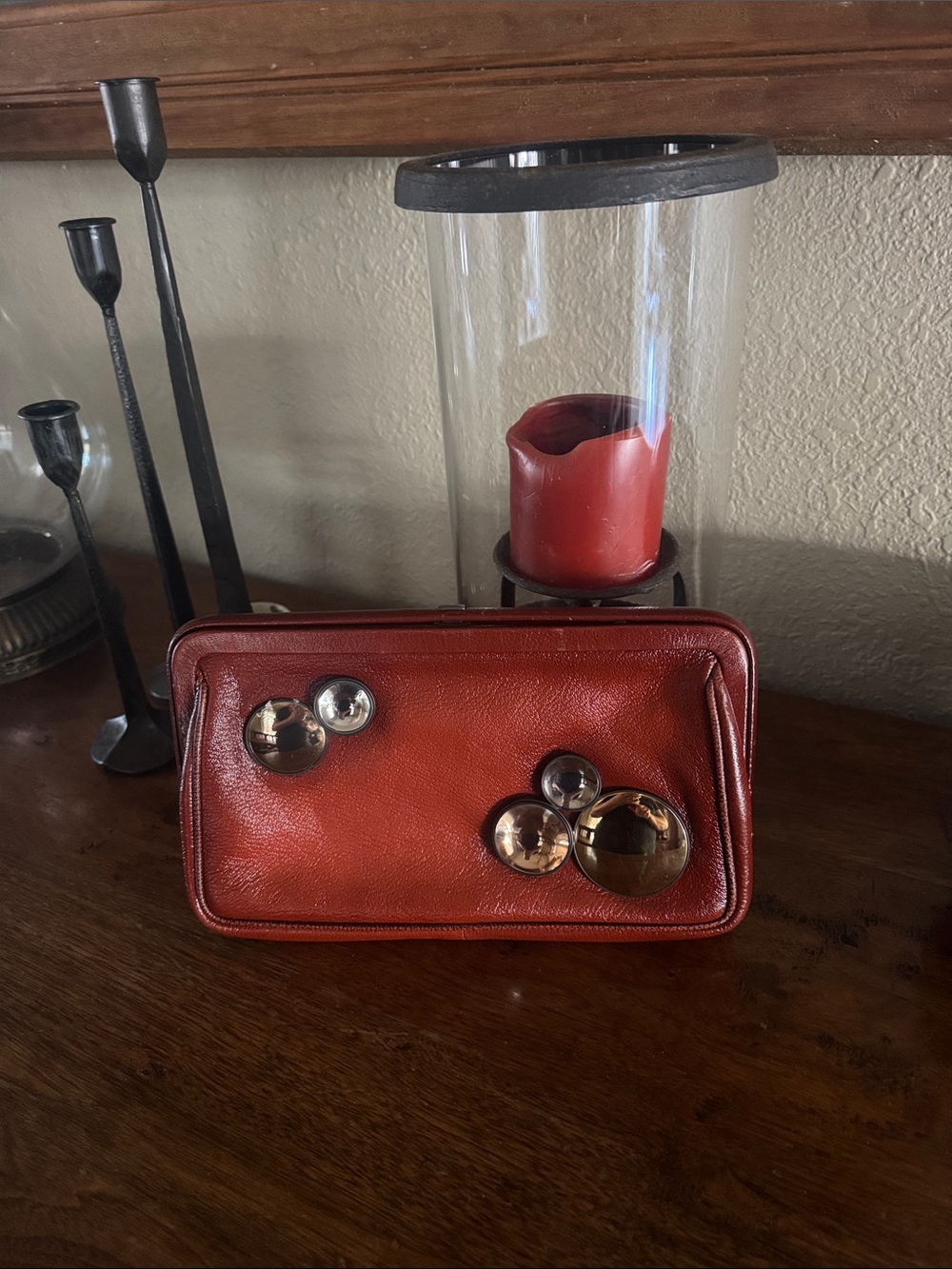 Bottega Veneta Red Leather Clutch with Metallic Orb Details